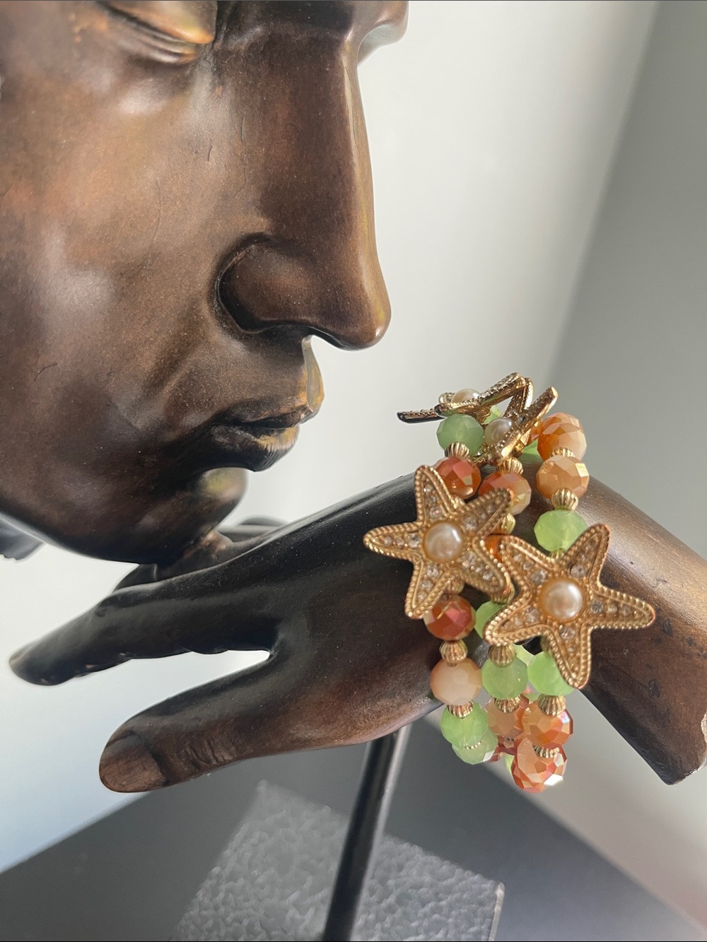 Gold Starfish Charm Bracelet with Green and Orange Beads